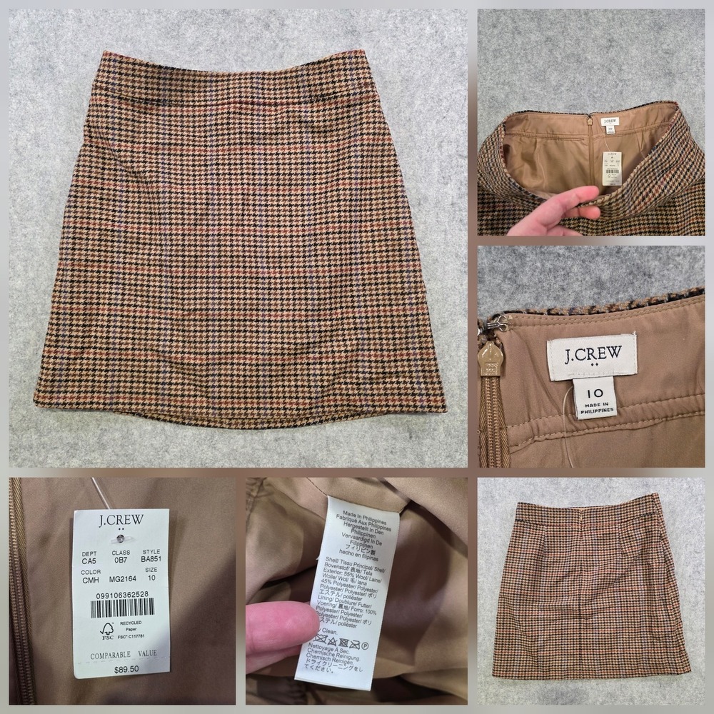 J.Crew Skirt Womens 10 Brown Wool Tweed Houndstooth Pencil Lined Fall NWT